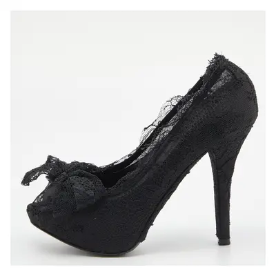 Dolce & Gabbana Black Lace Bow Peep Toe Platform Pumps Size