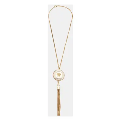 Versace Medusa Enamel Crystals Gold Tone Tassel Necklace