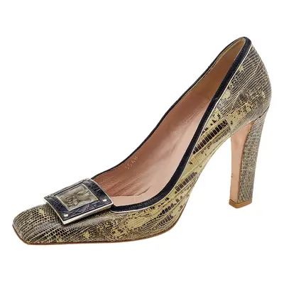 Prada Brown/Beige Lizard Leather Embellished Pumps Size 38.5