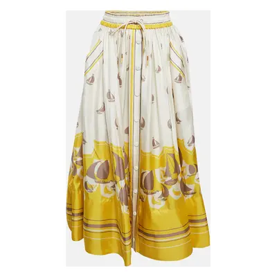 Zimmermann White/Yellow High Tide Sailboats Print Silk Midi Skirt