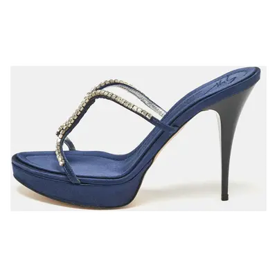 Giuseppe Zanotti Blue Satin Crystal Embellished Platform Slide Sandals Size