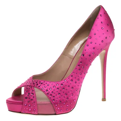 Valentino Pink Crystal Embellished Satin Peep Toe Platform Pumps Size