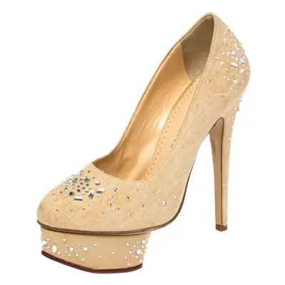 Charlotte Olympia Beige Canvas Crystal Embellished Dolly Platform Pumps Size 36.5