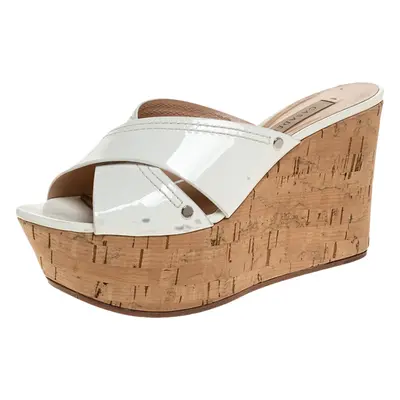 Casadei White Criss Cross Patent Leather Cork Wedge Sandals Size