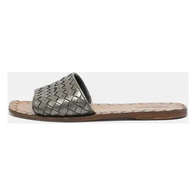 Bottega Veneta Metallic Grey Intrecciato Leather Slide Flat Sandals Size