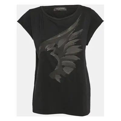 Valentino Black Eagle Print Jersey Cap Sleeve T-Shirt