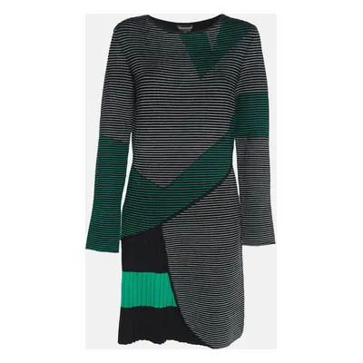 Emporio Armani Black Stripes Rib Knit Pleated Shift Dress