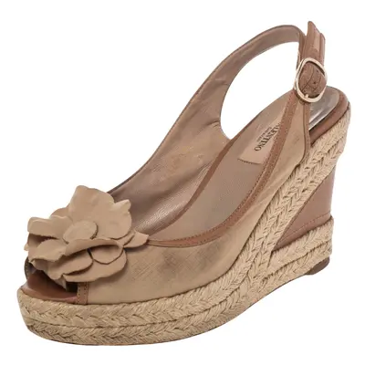 Valentino Beige Fabric And Leather Flower Platform Espadrille Wedge Slingback Sandals Size 37.5