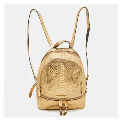 Michael Kors Metallic Gold Python Embossed Leather Small Rhea Backpack