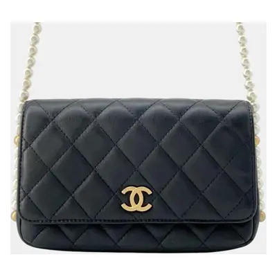 Chanel Black Lambskin Matelasse Classic Pearl Shoulder Bag