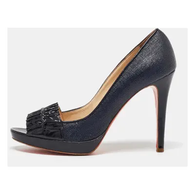 Versace Black Coated Raffia and Patent Leather Peep Toe Pumps Size