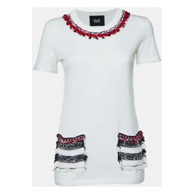 Dolce & Gabbana White Cotton Tweed Trimmed T-Shirt