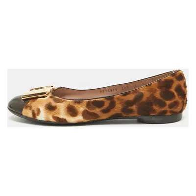 Salvatore Ferragamo Two Tone Leopard Print Calf Hair and Patent Sun Ballet Flats Size 38.5