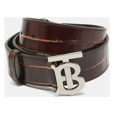 Burberry Dark Brown Croc Embossed Leather TB Buckle Belt