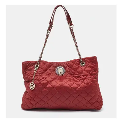 DKNY Red Quilted Nylon and Leather Logo Chain Tote