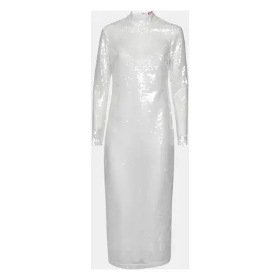 Staud White Sequin Embellished Long Sleeve Midi Dress