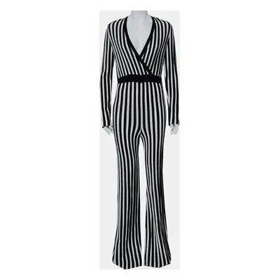 Balmain Monochrome Striped Knit Faux Wrap Jumpsuit