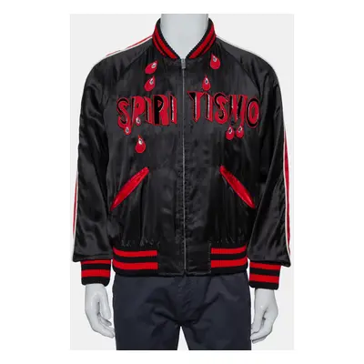 Gucci Black Satin Contrast Trim Spiritismo Applique Detail Bomber Jacket