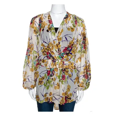 Roberto Cavalli Multicolor Silk Georgette Floral Print Faux Wrap Blouse