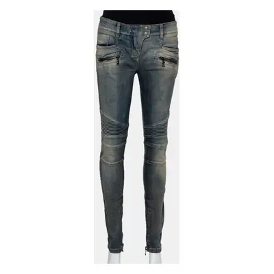 Balmain Blue Denim Quilted Detail Faded Effect Biker Jeans