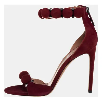 Alaia Burgundy Suede Studded 'Bombe' T-Strap Ankle Cuff Sandals Size