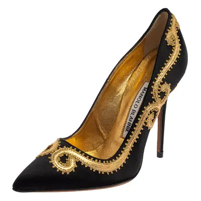 Manolo Blahnik Black Satin Embroidered Pointed Toe Pumps Size 34.5