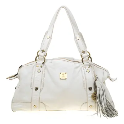 MCM White Leather Tassel Satchel