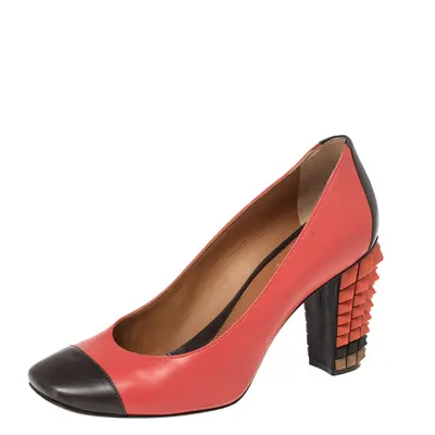 Fendi Red/Black Leather Cap Toe Studded Block Heel Pumps Size 38.5