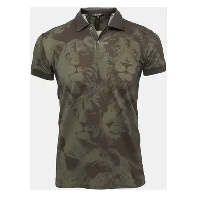 Roberto Cavalli Military Green Lion Print Cotton Leather Trimmed Polo T-Shirt