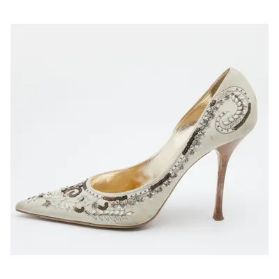 Le Silla Off White Suede Crystal Embellished Pointed Toe Pumps Size