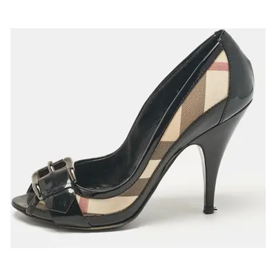 Burberry Beige Patent Leather and Canvas Peep Toe Pumps Size