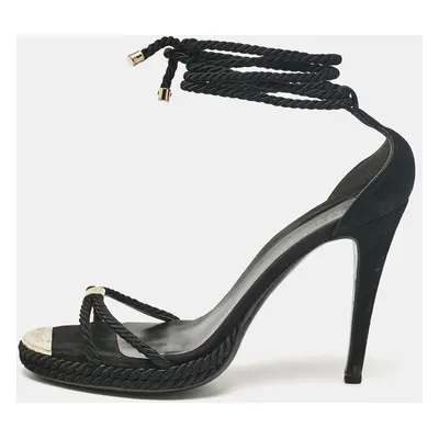 Gucci Black Suede and Woven Fabric Ankle Strap Sandals Size