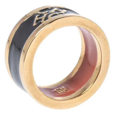 CH Carolina Herrera Black Logo Enamel Gold Tone Band Ring EU