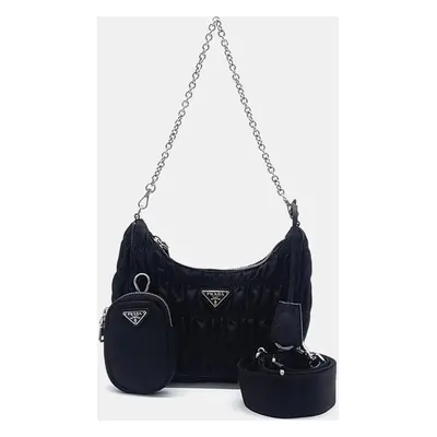 Prada Black Nappa Gaufre Tessuto Chain Hobo Bag