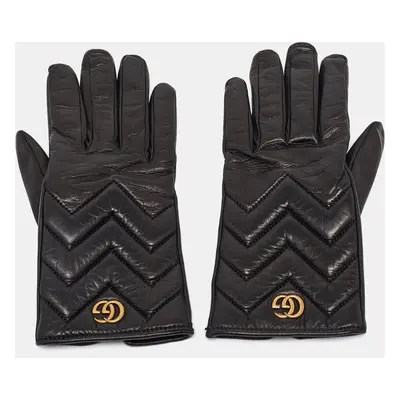 Gucci Black Matelassé Leather GG Marmont Gloves Size 7.5