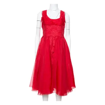 Dolce & Gabbana Red Silk Organza Lace Trim Flared Dress