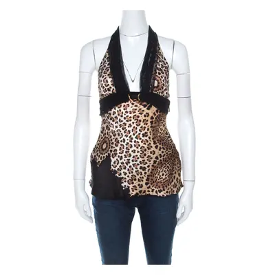 Roberto Cavalli Brown Cheetah Print Silk Tulle Trim Halter Top