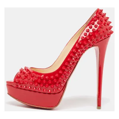 Christian Louboutin Red Patent Leather Lady Peep Spikes Pumps Size