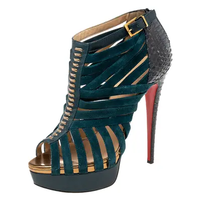 Christian Louboutin Dark Teal Suede and Python Leather Caged Karina Booties Size 38.5