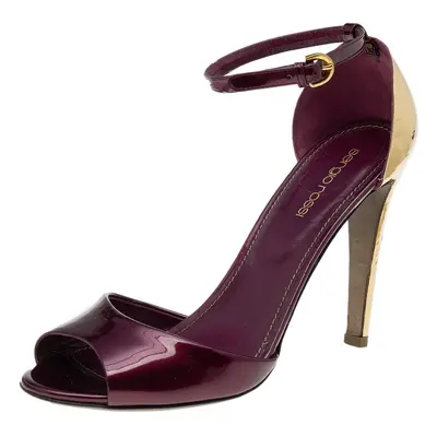 Sergio Rossi Burgundy Patent Leather Metal Heel Ankle Strap Sandals Size