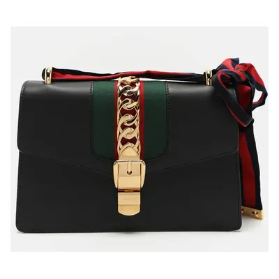 Gucci Black Leather Small Web Chain Sylvie Shoulder Bag