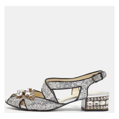 Miu Miu Silver Glitter and Patent Leather Embellished Ankle Strap Sandals Size