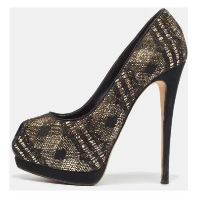 Giuseppe Zanotti Black/Gold Lace and Sequins Platform Peep Toe Pumps Size