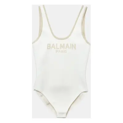 Balmain X Net-A-Porter Cream Logo Lurex Knit Sleeveless Bodysuit