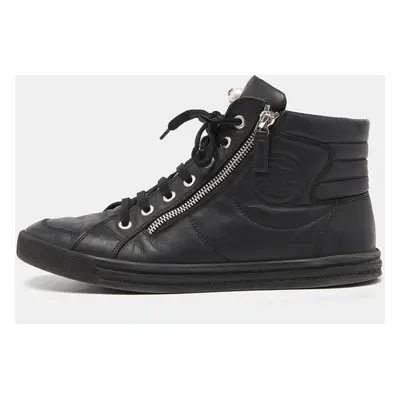 Chanel Black Leather CC Zip Link High Top Sneakers Size 39.5