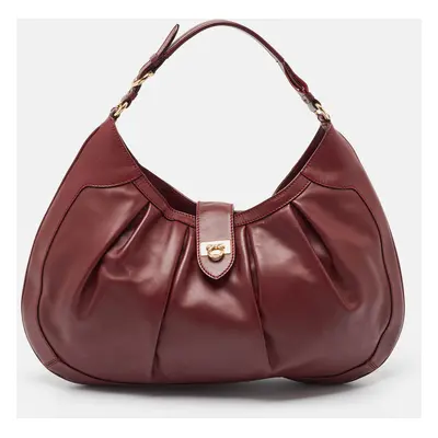 Salvatore Ferragamo Burgundy Pleated Leather Gancini Flap Hobo