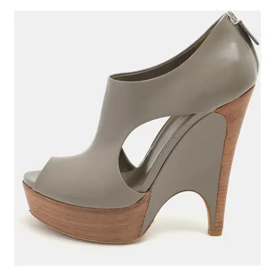 Gucci Grey Leather Cut Out Peep Toe Platform Booties Size 37.5