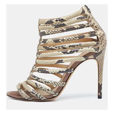 Alexandre Birman Brown/Beige Python Embossed Leather Caged Zipper Sandals Size