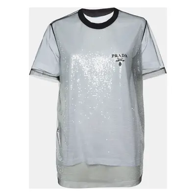 Prada Black/White Logo Print Sequin Tulle and Cotton Knit T-shirt