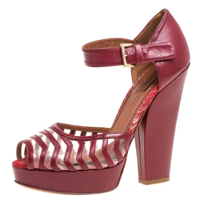 Missoni Maroon Leather And PVC Ankle Strap Platform Peep Toe Sandals Size